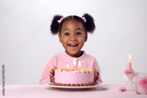 A little girl is holding a cake with lit candles. Perfect for birthday celebrations and special occasions.