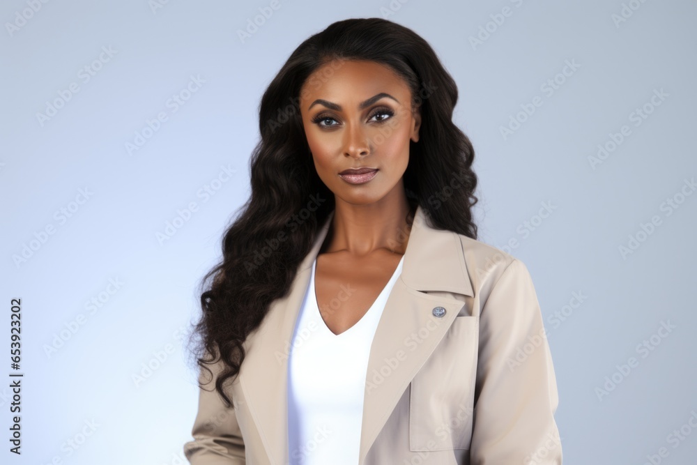 A woman wearing a tan jacket is posing for a picture. This versatile image can be used for various purposes. A woman wearing a tan jacket is posing for a picture. This versatile image can be used for various purposes.