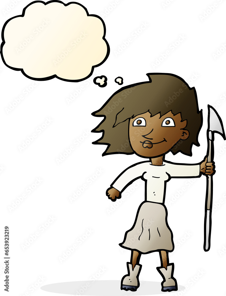 cartoon woman with spear with thought bubble cartoon woman with spear with thought bubble