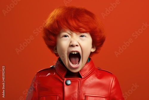A young boy with red hair wearing a stylish red leather jacket. Perfect for fashion, lifestyle, and urban-themed projects. © Fotograf