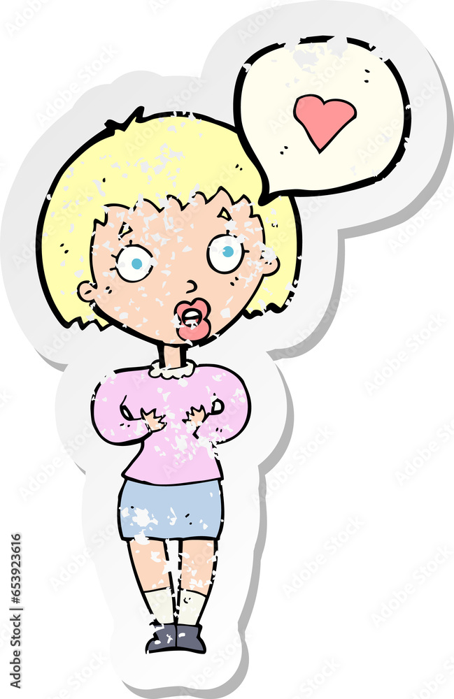 retro distressed sticker of a cartoon surprised woman in love retro distressed sticker of a cartoon surprised woman in love