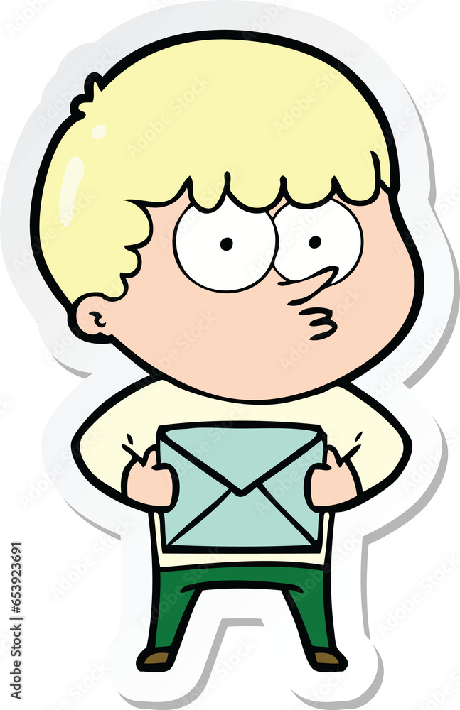 sticker of a cartoon curious boy carrying a gift sticker of a cartoon curious boy carrying a gift