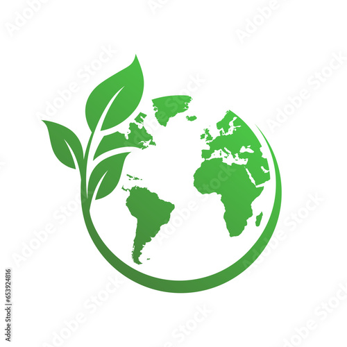 Ecology world symbol. Go green earth. Leaf and earth ecology vector icon