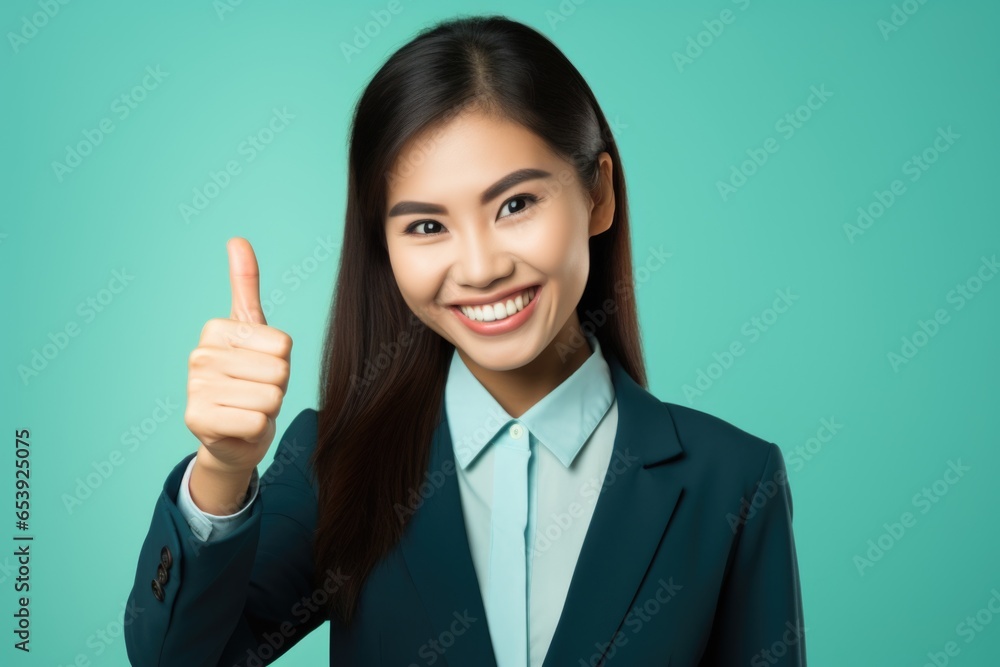 A professional woman in a business suit giving a thumbs up gesture. Suitable for business concepts and success themes. A professional woman in a business suit giving a thumbs up gesture. Suitable for business concepts and success themes.