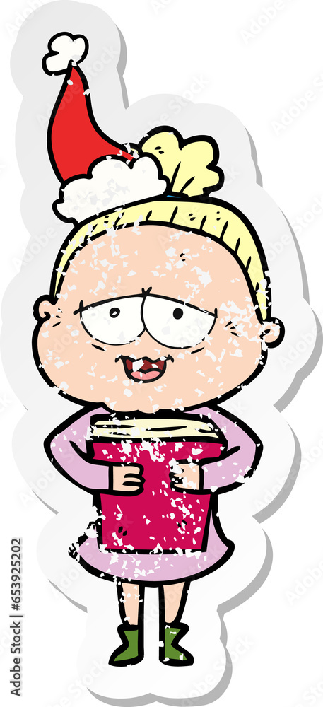 hand drawn distressed sticker cartoon of a happy old lady wearing santa hat hand drawn distressed sticker cartoon of a happy old lady wearing santa hat