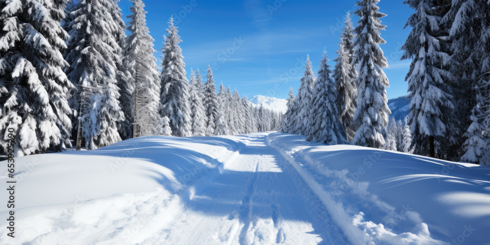 winter landscape, snowy road going through a coniferous forest, bright sunny day, blue sky