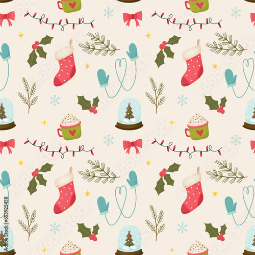 Christmas seamless pattern. Xmas festive background with snow globe, mittens, garland, holly, branches, coffee cup