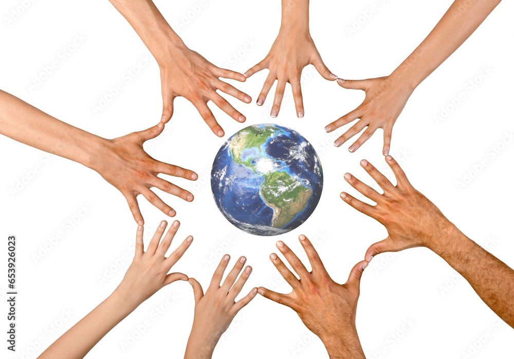 Many hands holding globe planet earth Many hands holding globe planet earth
