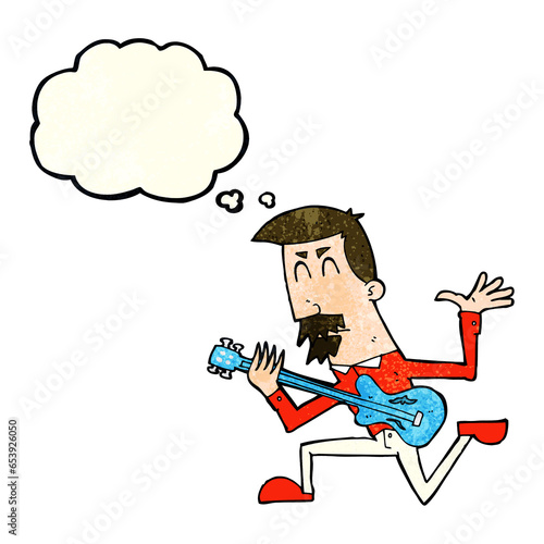 cartoon man playing electric guitar with thought bubble