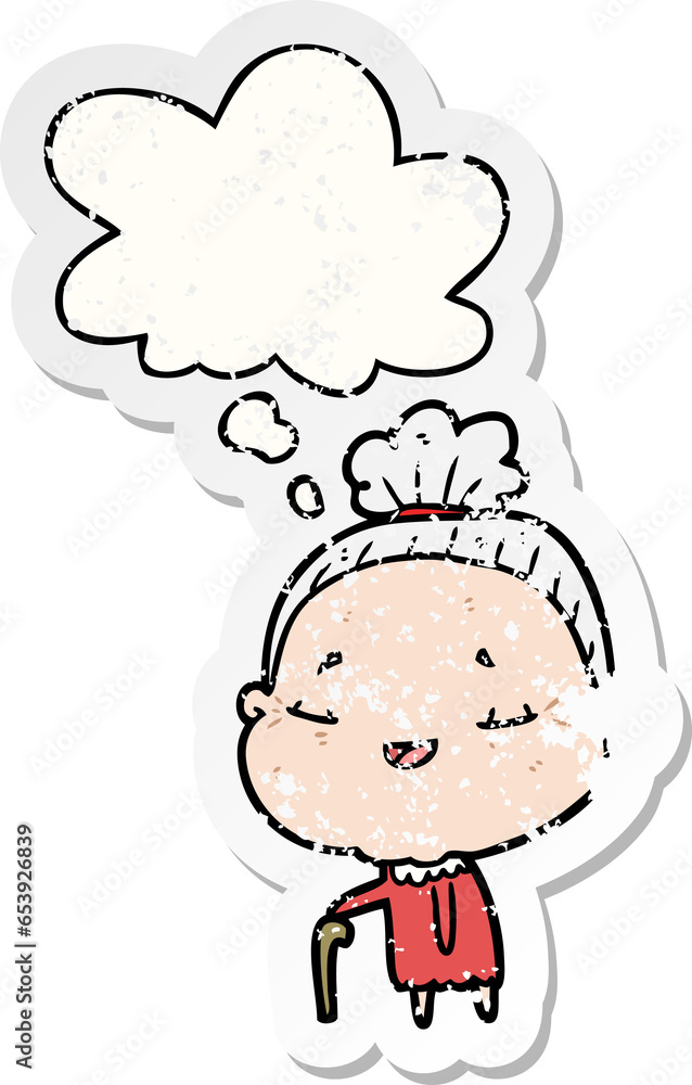 cartoon old lady with thought bubble as a distressed worn sticker cartoon old lady with thought bubble as a distressed worn sticker