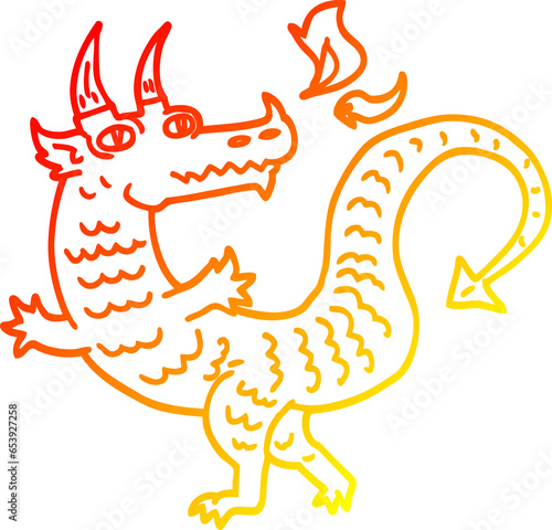 warm gradient line drawing of a cartoon dragon