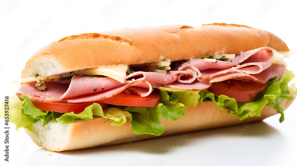 Sub sandwich. Sandwich with baguette lettuce, tomatoes, cucumbers, prosciutto, ham and cheese on a white background Sub sandwich. Sandwich with baguette lettuce, tomatoes, cucumbers, prosciutto, ham and cheese on a white background