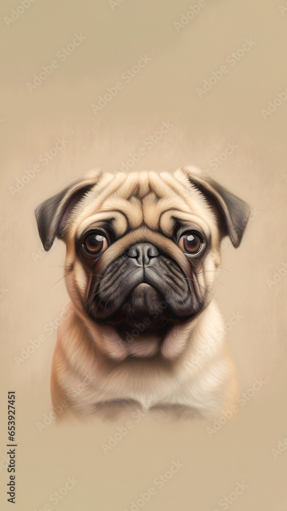 Watercolor illustration portrait of a pug dog on a beige background with copy space. vertical