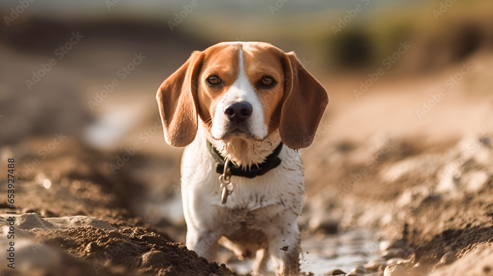 portrait of a Beagle, English Beagle, dirty, standing in a puddle and looking at the camera. walking the dog, problems in dog training.