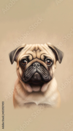 Watercolor illustration portrait of a pug dog on a beige background with copy space. vertical