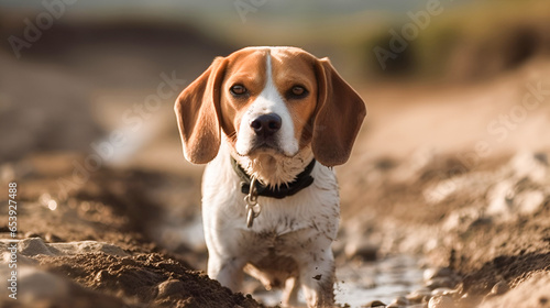 portrait of a Beagle, English Beagle, dirty, standing in a puddle and looking at the camera. walking the dog, problems in dog training.