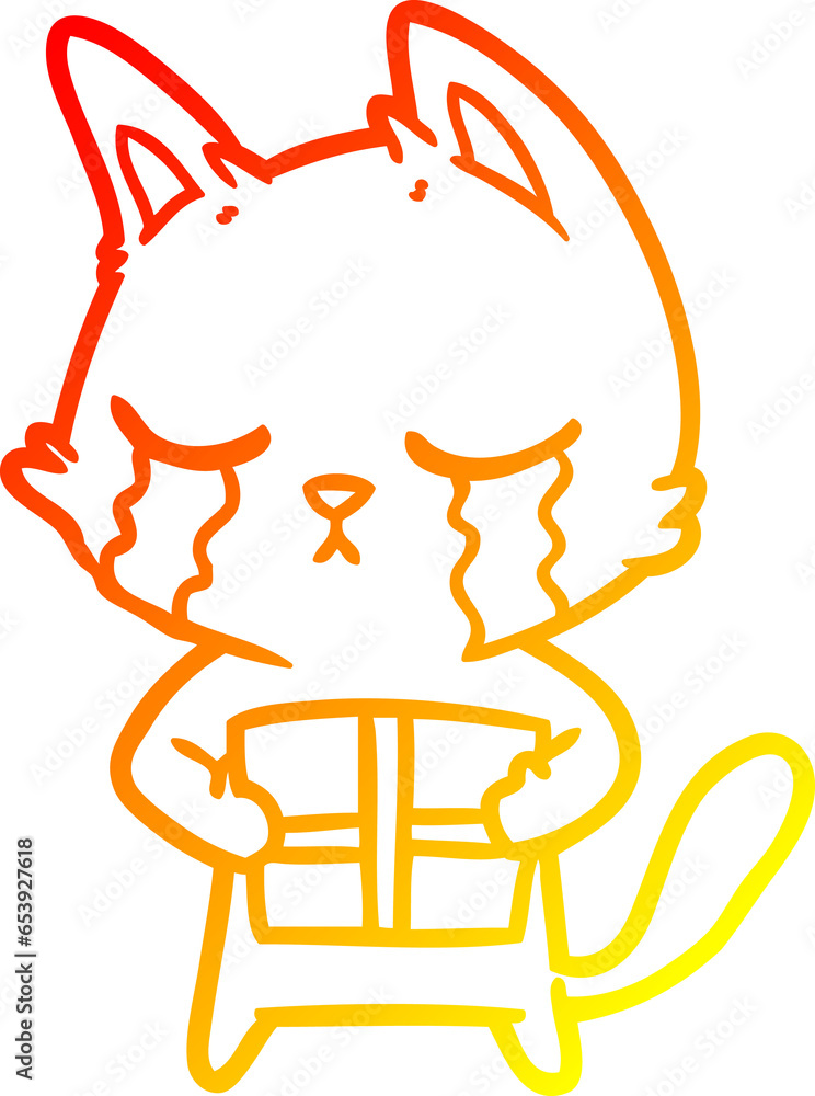 warm gradient line drawing of a crying cartoon cat holding christmas present warm gradient line drawing of a crying cartoon cat holding christmas present