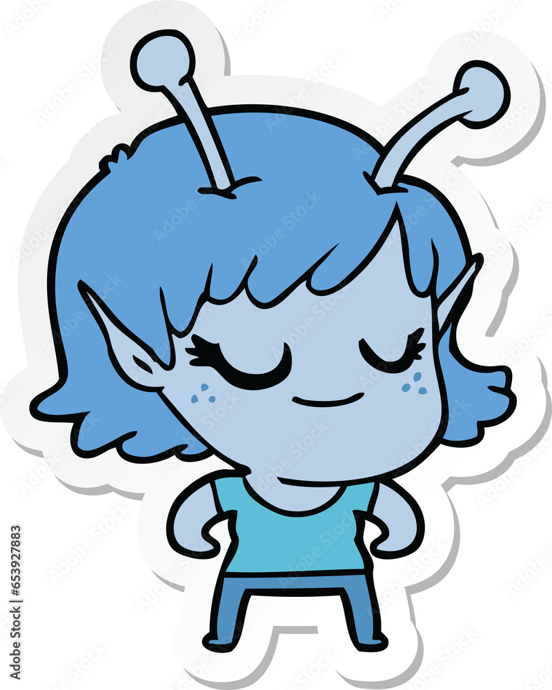 sticker of a smiling alien girl cartoon sticker of a smiling alien girl cartoon