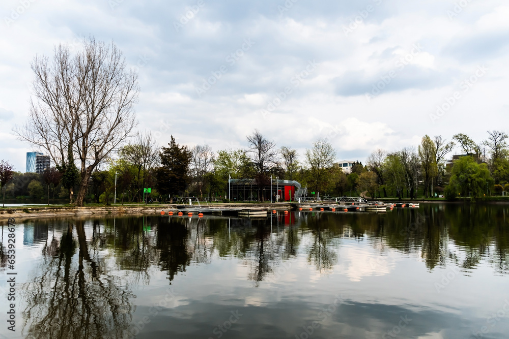 The pontoon on the island in the Bordei park. Bucharest, Romania.