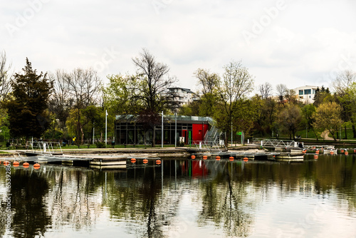 Fototapeta Naklejka Na Ścianę i Meble -  The pontoon on the island in the Bordei park. Bucharest, Romania.