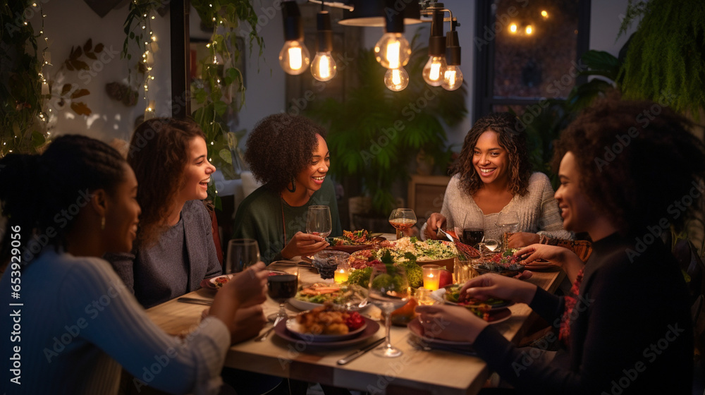 Happy African and Caucasian people having dinner on Thanksgiving Day. 