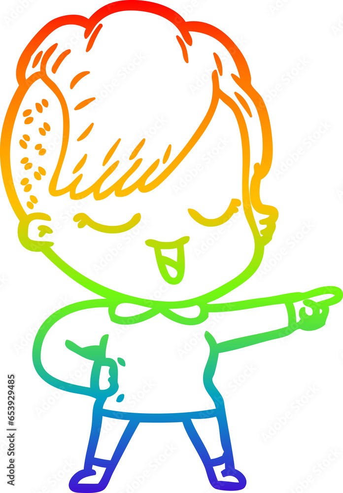 rainbow gradient line drawing of a happy cartoon girl pointing rainbow gradient line drawing of a happy cartoon girl pointing
