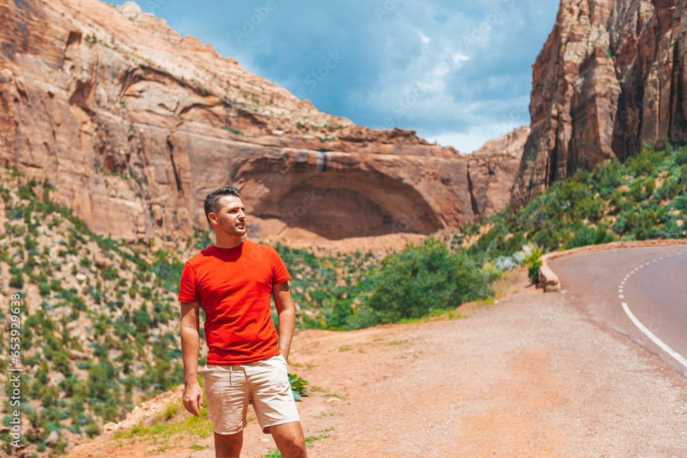 Man with View from in zion national park Man with View from in zion national park