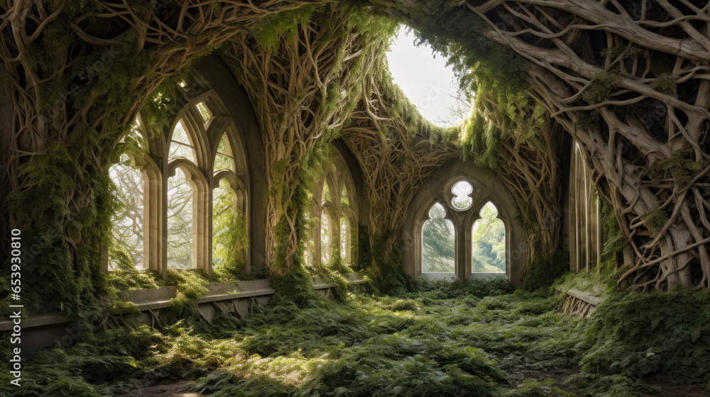 old abandoned church overgrown ruins - by generative ai