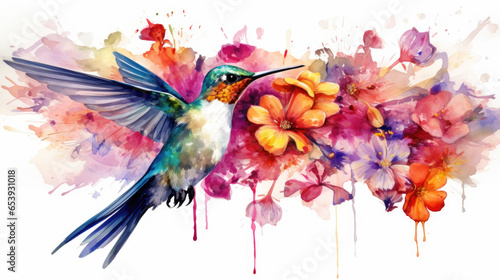 Spirit animal hummingbird and flower watercolor - By Generative AI  