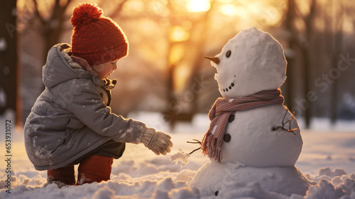 Chil making a snowman outdoors in winter. Winter activities concept. 