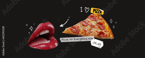 Grunge collage with a womans mouth open and pizza flying into it. Noisy black background and trendy elements. Vector illustration