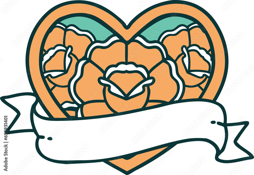 iconic tattoo style image of a heart and banner with flowers iconic tattoo style image of a heart and banner with flowers
