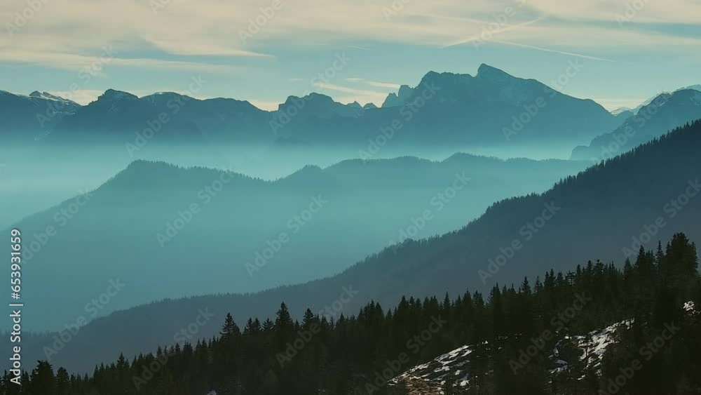 Aerial view of smoky mountains under mist in the morning. Amazing nature scenery in Dolomites, Italy. Tourism and travel concept, 4k Aerial view of smoky mountains under mist in the morning. Amazing nature scenery in Dolomites, Italy. Tourism and travel concept, 4k
