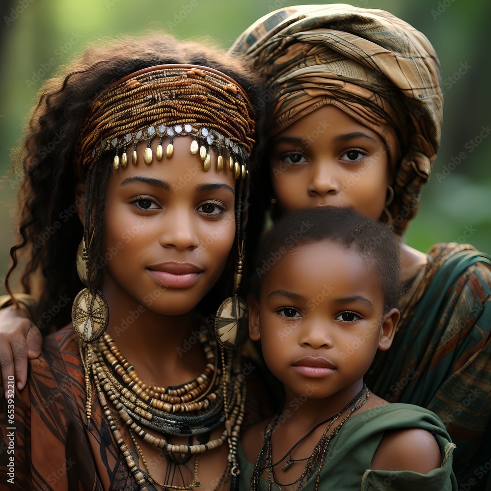 African children. Close-up portraits. Beautiful people with jewelry and afro hairstyles. Concept: life of the people of the African continent African children. Close-up portraits. Beautiful people with jewelry and afro hairstyles. Concept: life of the people of the African continent