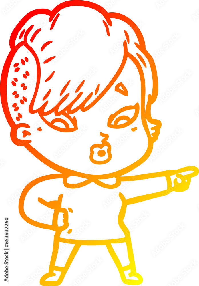 warm gradient line drawing of a cartoon surprised girl pointing warm gradient line drawing of a cartoon surprised girl pointing