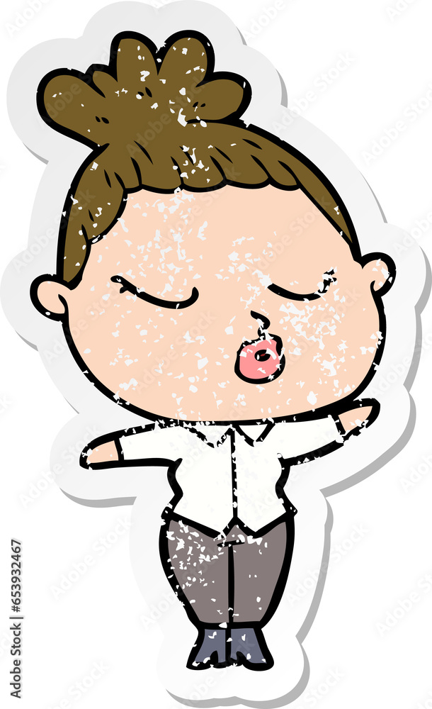 distressed sticker of a cartoon calm woman distressed sticker of a cartoon calm woman