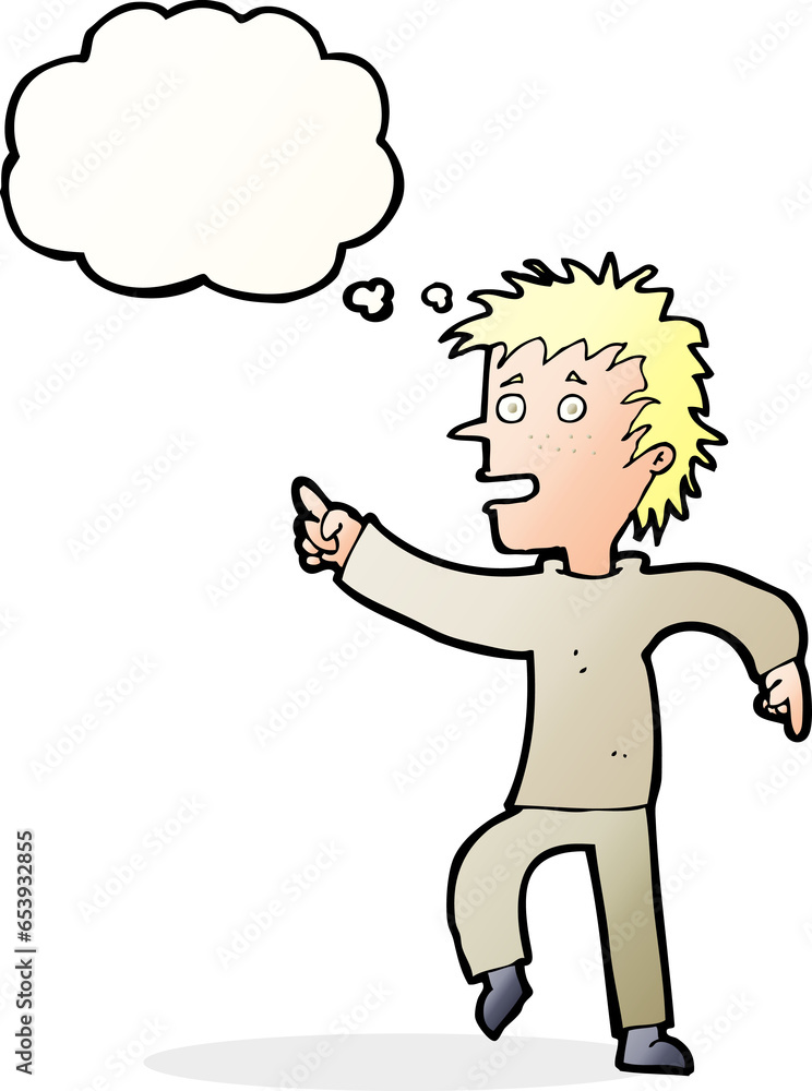 cartoon happy man pointing with thought bubble cartoon happy man pointing with thought bubble