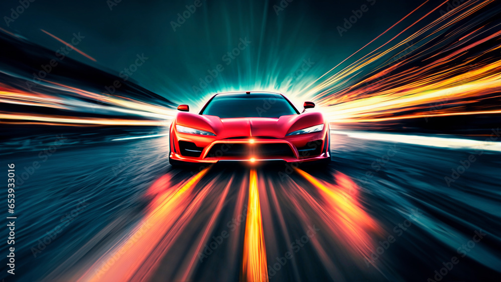Red sports car from the front at high speed at night with sky, alpha and moving lights. wallpaper and background