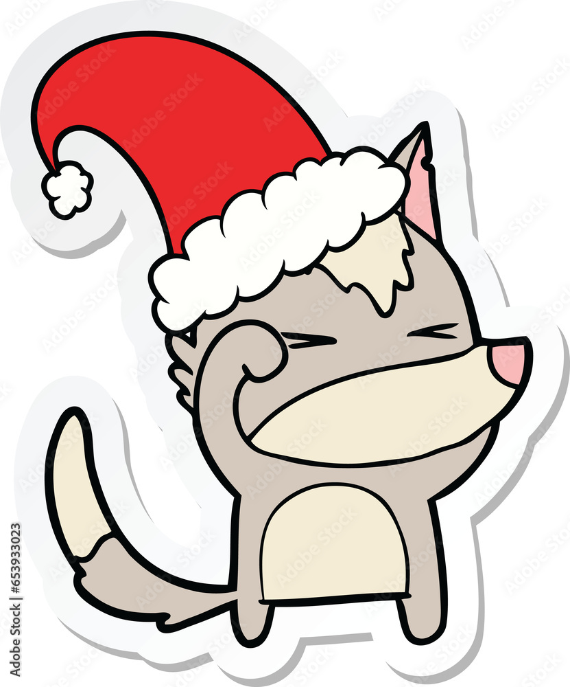 sticker of a tired wolf cartoon wearing xmas hat sticker of a tired wolf cartoon wearing xmas hat