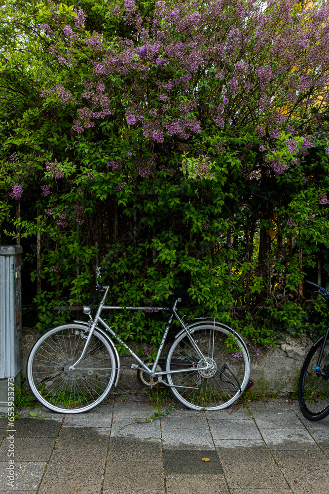 Fahrrad angelehnt an Zaun in der Stadt