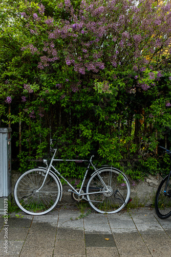 Fahrrad angelehnt an Zaun in der Stadt