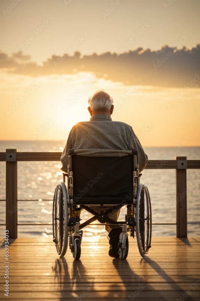 back view An elderly man in a wheelchair looking to the ocean. ai generative
