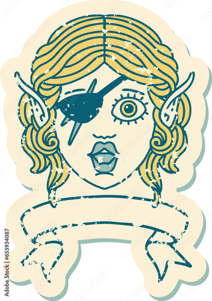 Retro Tattoo Style elf rogue character face with banner Retro Tattoo Style elf rogue character face with banner