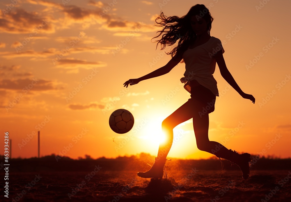 Silhouette of Woman playing soccer at sunset. Ai Generated - obrazy, fototapety, plakaty 