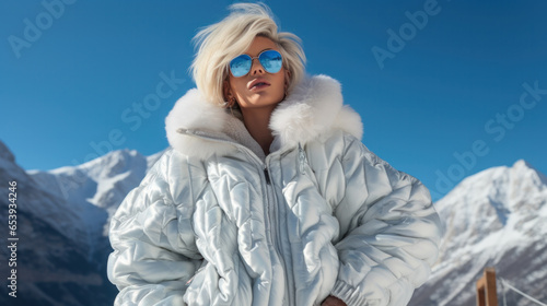 Beautiful blond man with in white glossy parka. Hipster at expensive, luxury ski resort © PaulShlykov