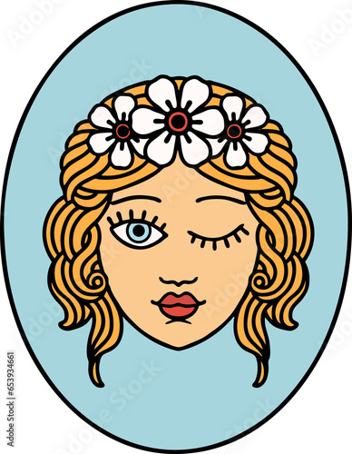 tattoo in traditional style of a maiden with crown of flowers winking