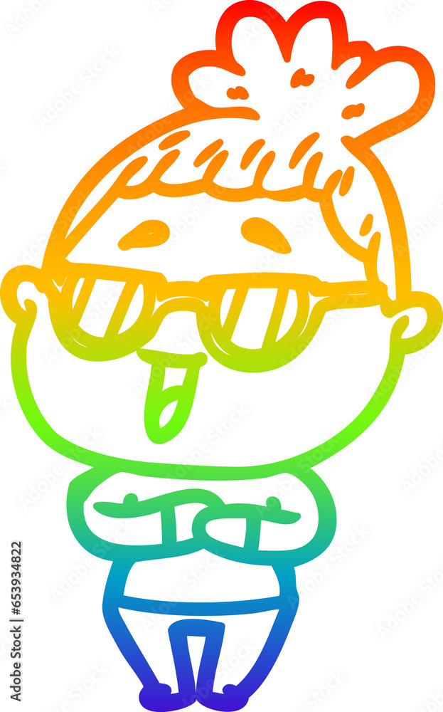 rainbow gradient line drawing of a cartoon happy woman wearing spectacles rainbow gradient line drawing of a cartoon happy woman wearing spectacles