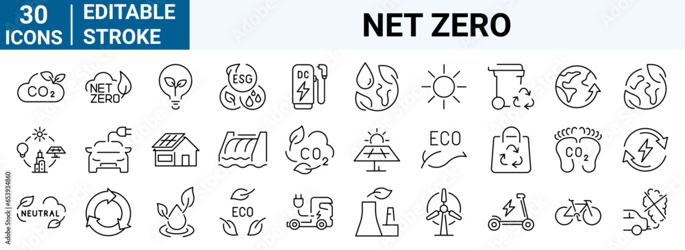 set of 30 line web icons . Net Zero. Green energy, CO2 neutral, gas emissions, climate, ecology. Editable stroke.