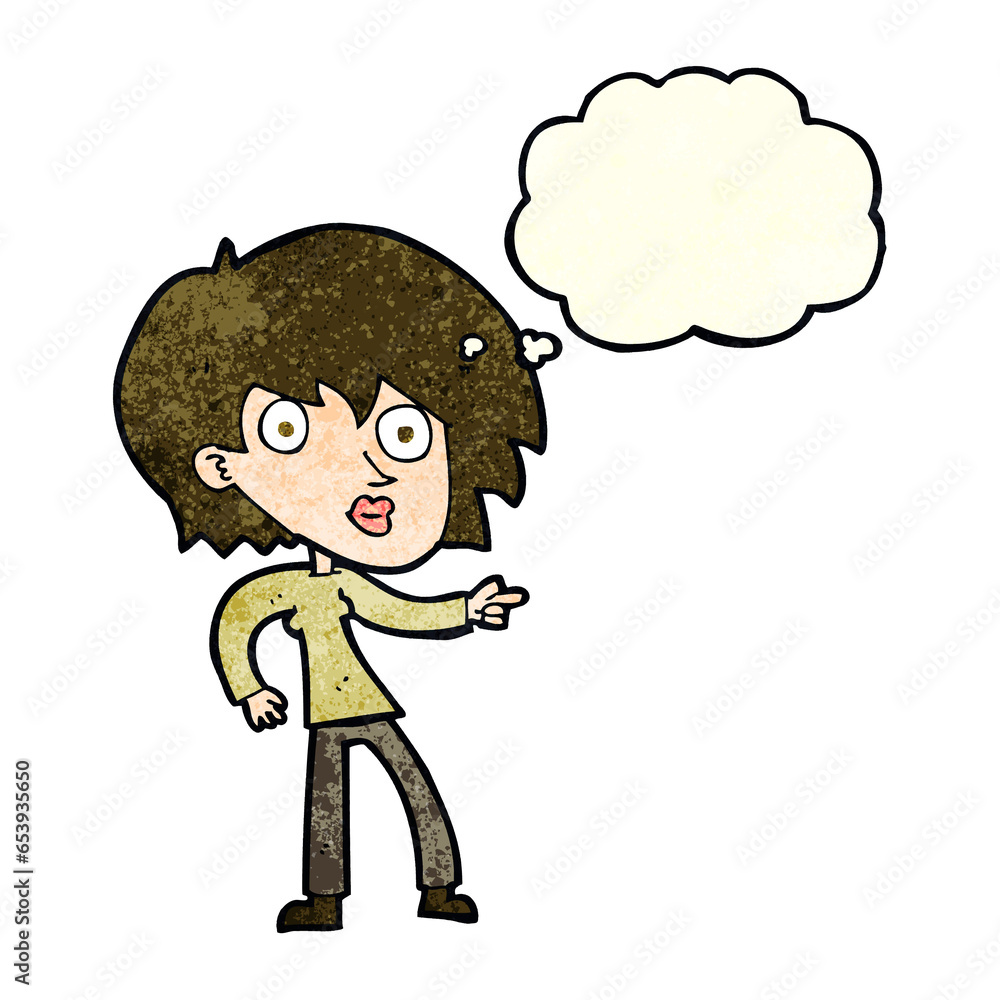 cartoon surprised woman pointing with thought bubble cartoon surprised woman pointing with thought bubble