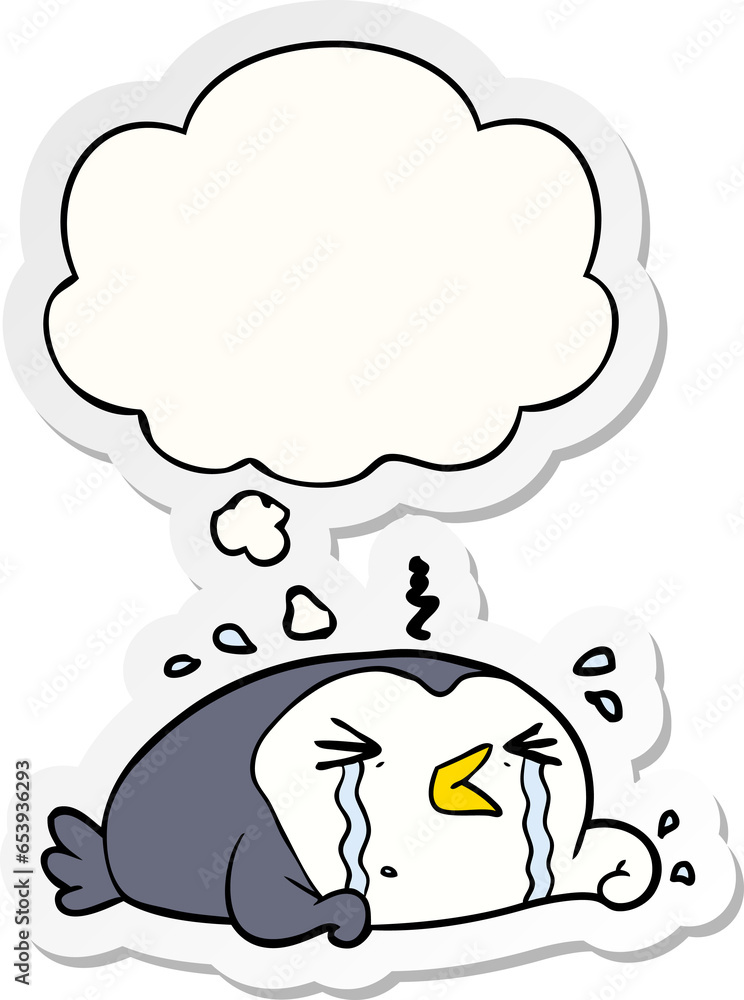 cartoon crying penguin with thought bubble as a printed sticker cartoon crying penguin with thought bubble as a printed sticker